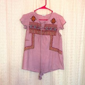 Mauve burgundy v neck floral tribal print blouse